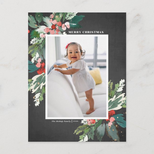 Watercolor Hollies Faux Chalkboard Navidad Foto (Anverso)