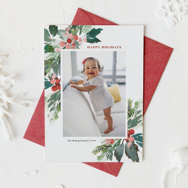 Watercolor Hollies Faux Gold Happy Holidays (Watercolor Holly and Winter Greenery Photo Happy Holidays Card)