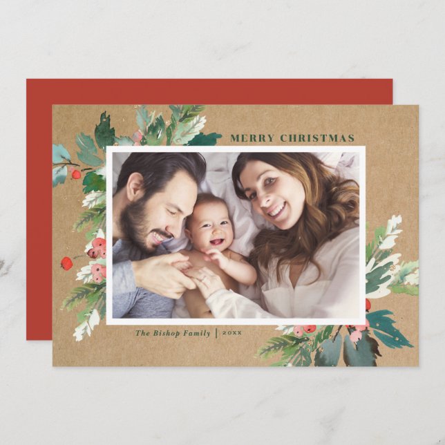 Watercolor Hollies Kraft Papel Foto Botánica (Anverso / Reverso)