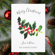 Watercolor Holly Árbol de Navidad Merry y Brillant