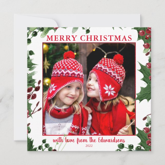 Watercolor Holly berries Feliz Navidad. (Anverso)