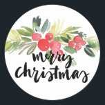 Watercolor Holly Merry Christmas Pegatina<br><div class="desc">Pegatina navideña moderna y caprichosa con una tipografía de color agua y una corona de hilo. Esto es parte de un conjunto de vacaciones - sellos,  pegatinas y etiquetas a juego.</div>