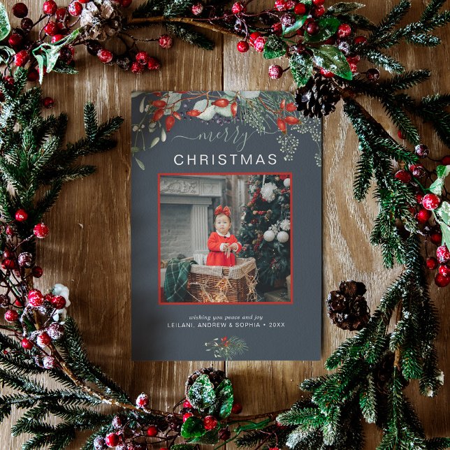 Watercolor Holly Merry Navidad Foto Dusty Blue (You will love these beautiful Christmas cards! They feature botanical watercolor pine and berries.)
