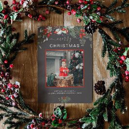 Watercolor Holly Merry Navidad Foto Gris oscuro
