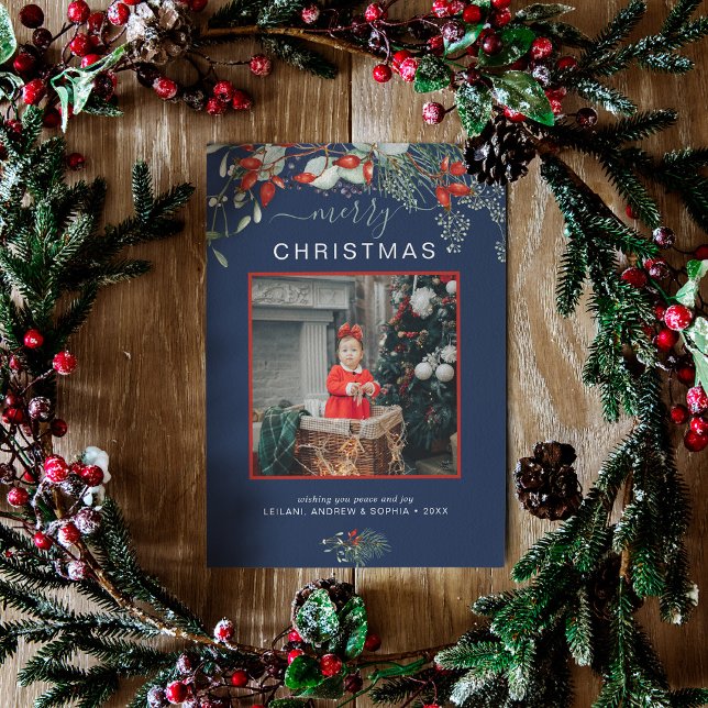 Watercolor Holly Merry Navidad Foto Marina Azul (You will love these beautiful Christmas cards! They feature botanical watercolor pine and berries.)