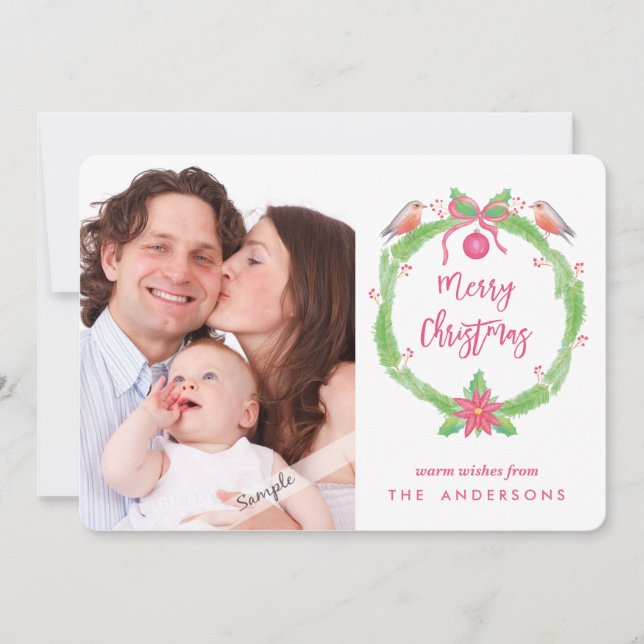 Watercolor Holly Wreath "Feliz Navidad + Foto (Anverso)