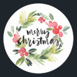 Watercolor Holly Wreath Merry Christmas Pegatina<br><div class="desc">Moderno y caprichoso pegatina de vacaciones con la flor de color agua. Esto es parte de un conjunto de vacaciones - sellos,  pegatinas y etiquetas a juego.</div>