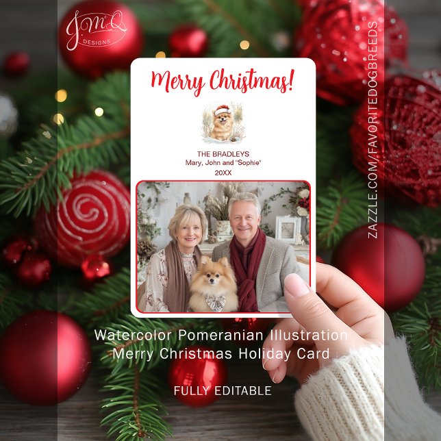 Watercolor Ilustracion Pomerano Feliz Navidad (Watercolor Pomeranian Illustration Merry Christmas Holiday Card - fully editable)