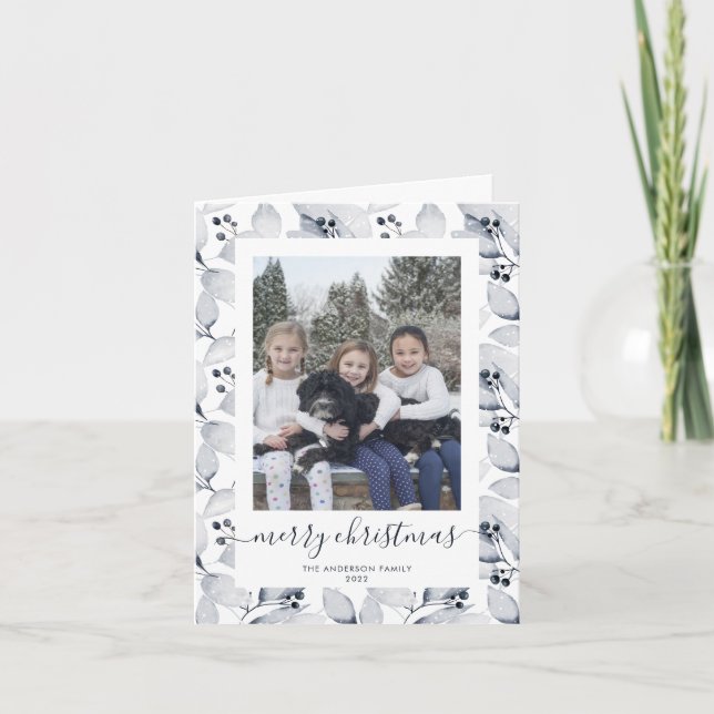 Watercolor Invierno Greenery Foto Feliz Navidad (Anverso)