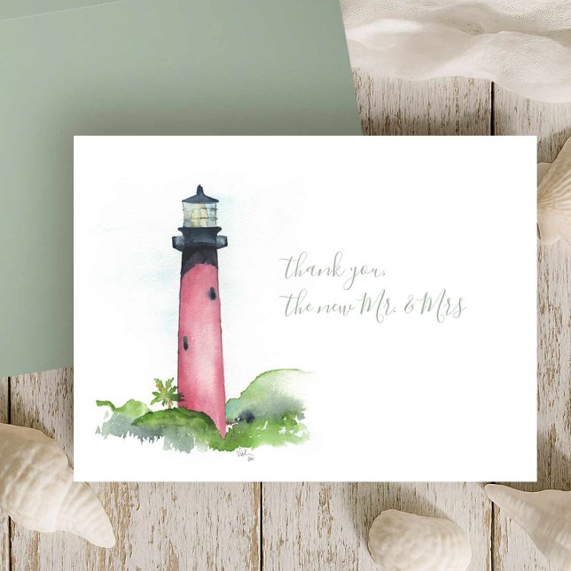 Watercolor Júpiter Lighthouse Gracias Stationery (Beach wedding in Florida custom thank you cards Jupiter lighthouse watercolor Victoria Grigaliunas)