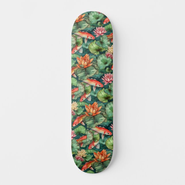 Watercolor Koi & Water Lilies Skateboard (Anverso)