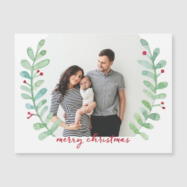Watercolor Laurel Wreath Merry Christmas Photo (Anverso)