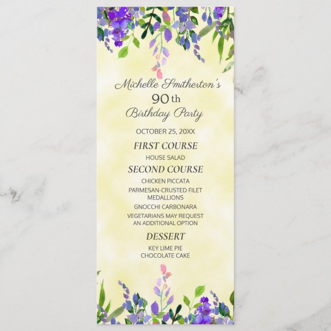 Watercolor Lavender Floral Yellow Birday Menu (Anverso)