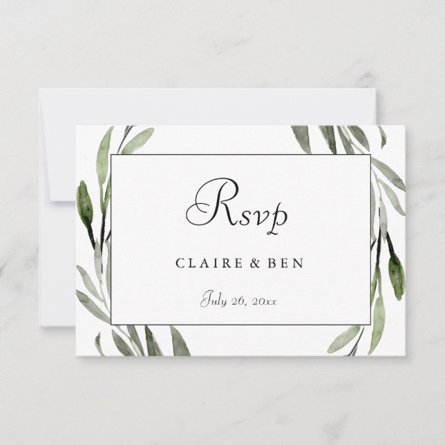 Watercolor Leaf Wreath Border Wedding RSVP (Anverso)