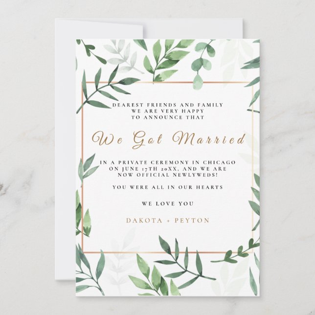 Watercolor Leaves Tarjeta Elopement 10a Boda (Anverso)