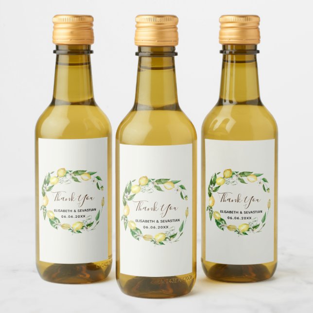 Watercolor Lemon Floral Mint Wine Label (Botellas)