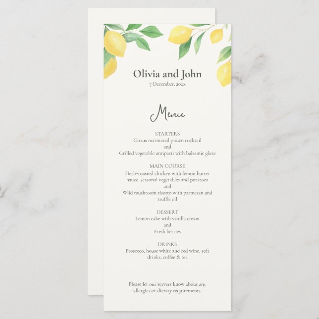 Watercolor Lemon Foliage Elegant Wedding Menu (Anverso / Reverso)