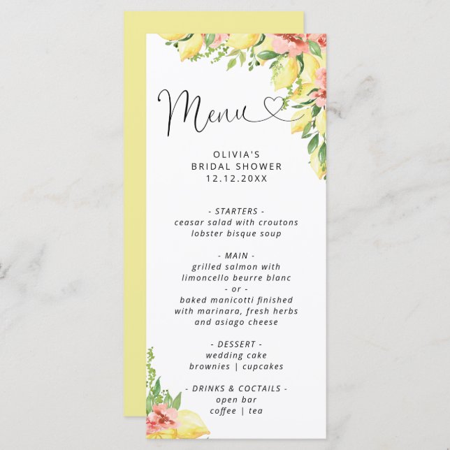 Watercolor Lemon Main Squeeze Brieze Shower Menú (Anverso / Reverso)