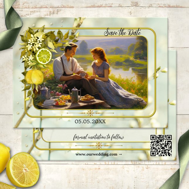 Watercolor Lemon Orchard Foto Guardar tarjeta de f (Save the Date card featuring your photo framed by a watercolor citrus branch with leaves and flowers)