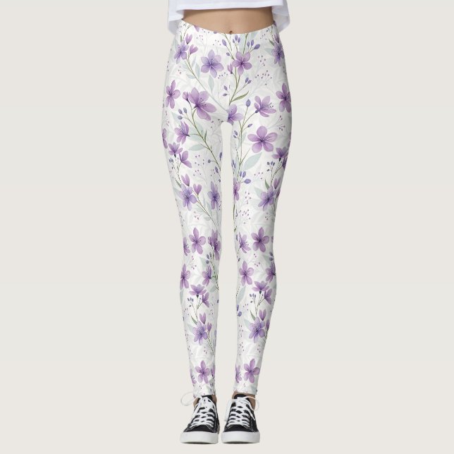 Watercolor Lilac Wildflower Pattern Leggings (Anverso)