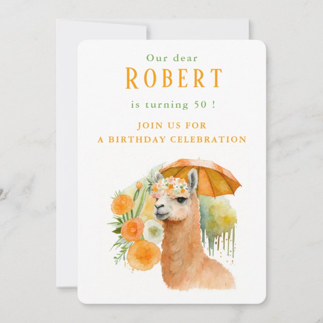 Watercolor Llama Alpaca - Tarjeta invitativa de cu (Anverso)