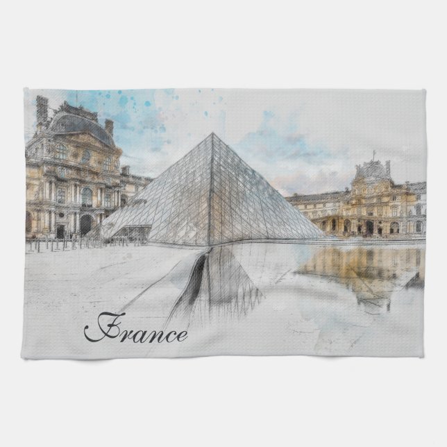 Watercolor Louvre Paris France Kitchel Toalla (Horizontal)