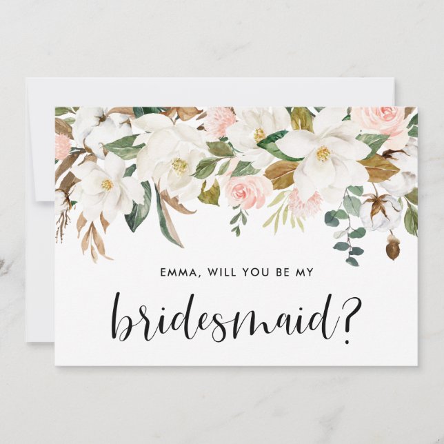 Watercolor Magnolia Cotton Garland Bridesmaid Card (Anverso)