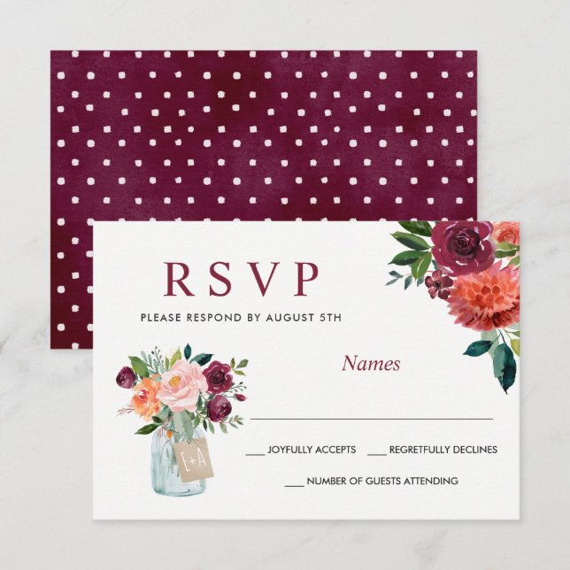 Watercolor Marsala Burgundy Mason Jar Floral RSVP (Anverso / Reverso)
