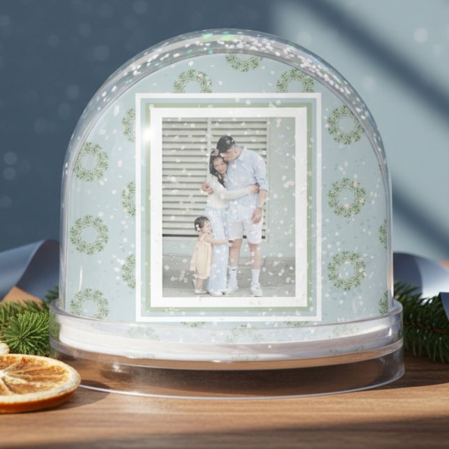 Watercolor Monogram Wreath Script Photo Snow Globe (Celebrate the holiday season with this elegant, Watercolor Monogram Wreath Script Photo Snow Globe!)