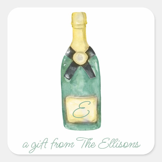 Watercolor Monogrammed Wine Gift Pegatinas (Anverso)