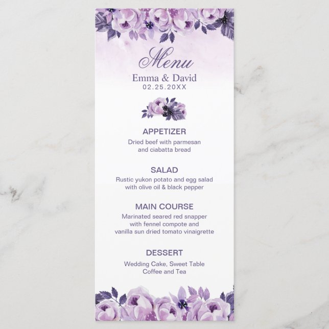 Watercolor Morado Floral Spring Wedding Menú (Anverso)