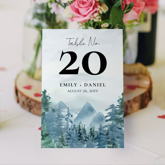 Watercolor Mountain Boda Número de tabla 5x7 (Rustic Mountain Event or Wedding Table Number | Choose your size and corner style)