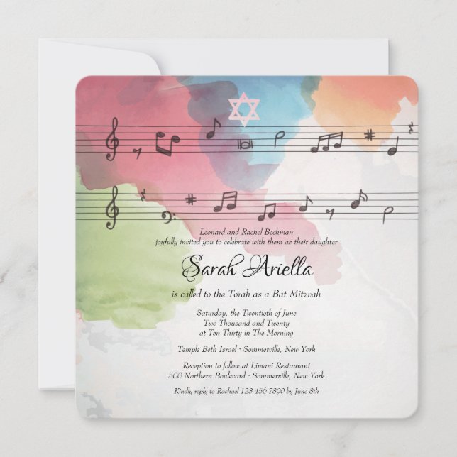 Watercolor Music Notes Bat Mitzvah Invitación (Anverso)