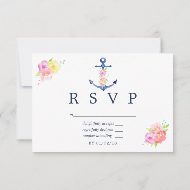 Watercolor Nautical Thamed Floral Wedding RSVP (Anverso)
