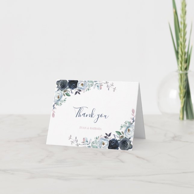 Watercolor Navy Boho Floral Gracias tarjeta (Anverso)