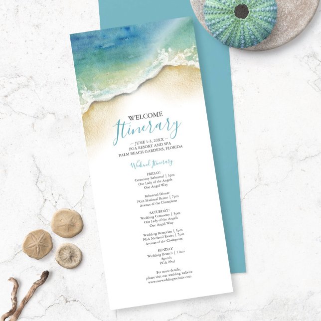Watercolor Ocean Beach Wedding Fin de semana Itine (Wedding welcome itinerary watercolor seashore art by Victoria Grigaliunas of Do Tell A Belle)