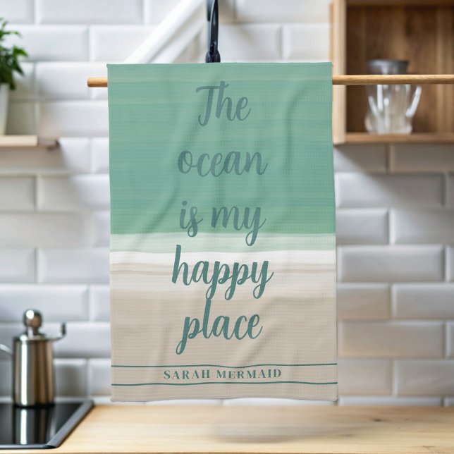 Watercolor Ocean Beach Yoga Studio Kitchen Toalla (If the ocean is your happy place, add your name to this coastal kitchen towel)