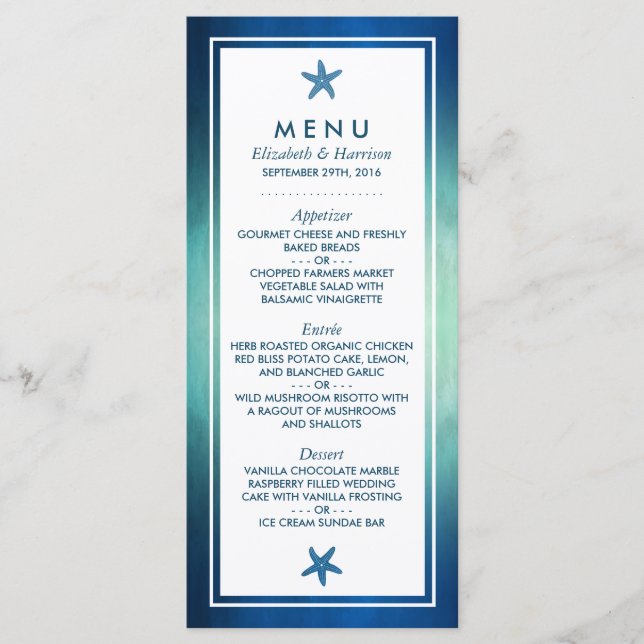 Watercolor Ocean Starfish Beach Wedding Menu (Anverso)