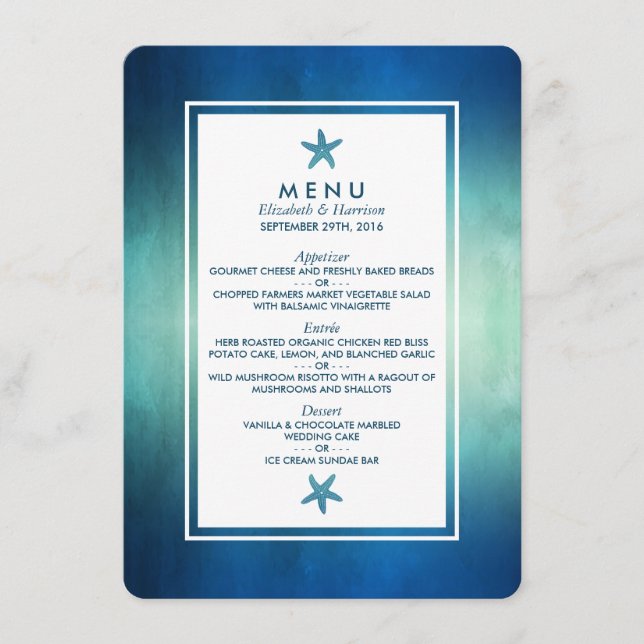 Watercolor Ocean Starfish Beach Wedding Menu (Anverso)