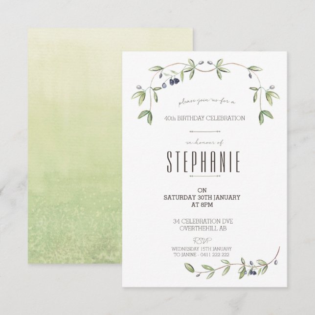 Watercolor Olive leaf Invitación a la vid (Anverso / Reverso)
