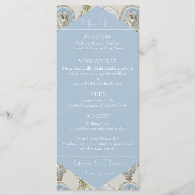 Watercolor Oysters Wedding- Light Blue Flat Menu (Anverso)