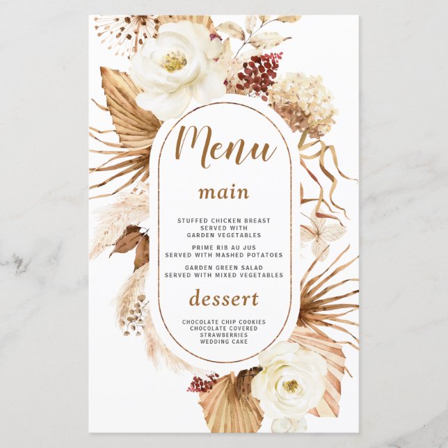 Watercolor Pampas Grass White Floral Birday Menu (Anverso)