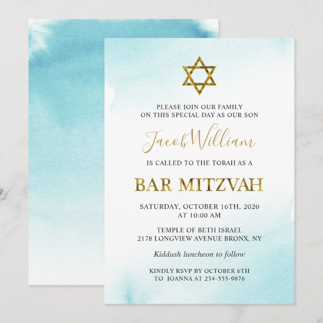 Watercolor Pastel Blue Gold Bar Invitación Mitzvah (Anverso / Reverso)