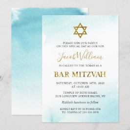 Watercolor Pastel Blue Gold Bar Invitación Mitzvah