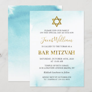 Watercolor Pastel Blue Gold Bar Invitación Mitzvah