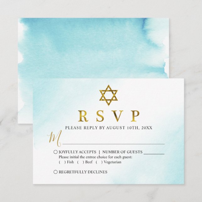 Watercolor Pastel Blue Gold Bat Mitzvah RSVP Card (Anverso / Reverso)