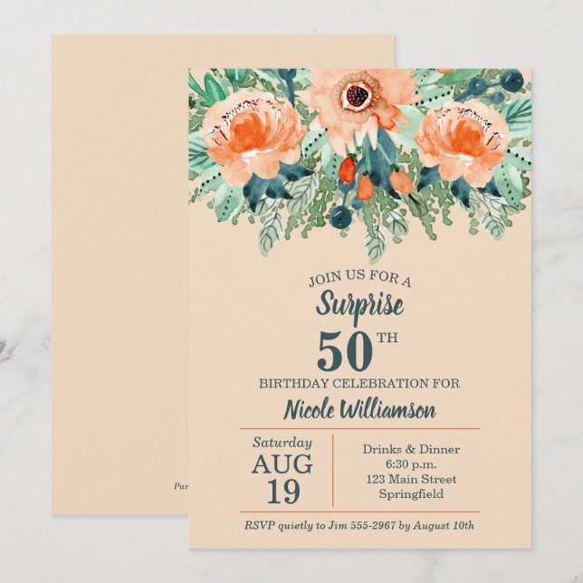 Watercolor Peach Floral 50th Birthday Invitaciones (Anverso / Reverso)