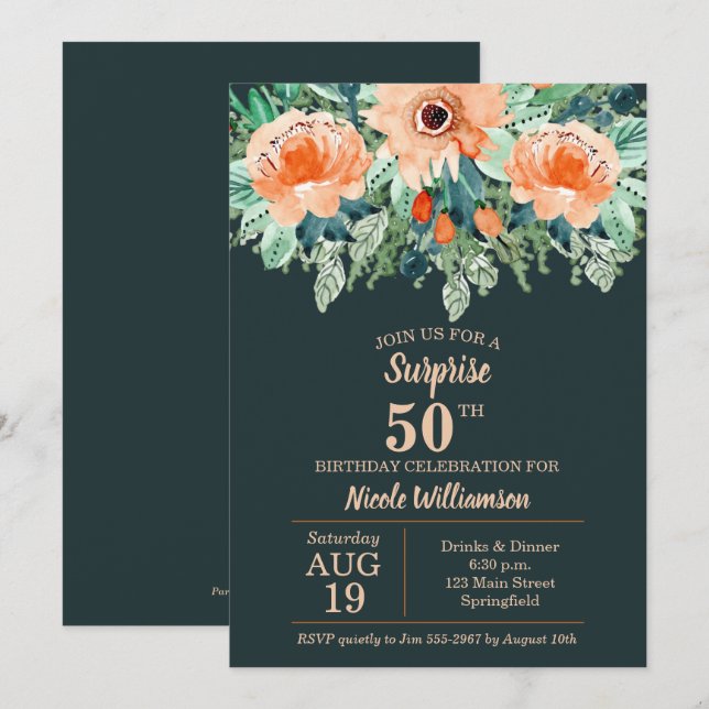 Watercolor Peach Floral sobre invitaciones de cump (Anverso / Reverso)
