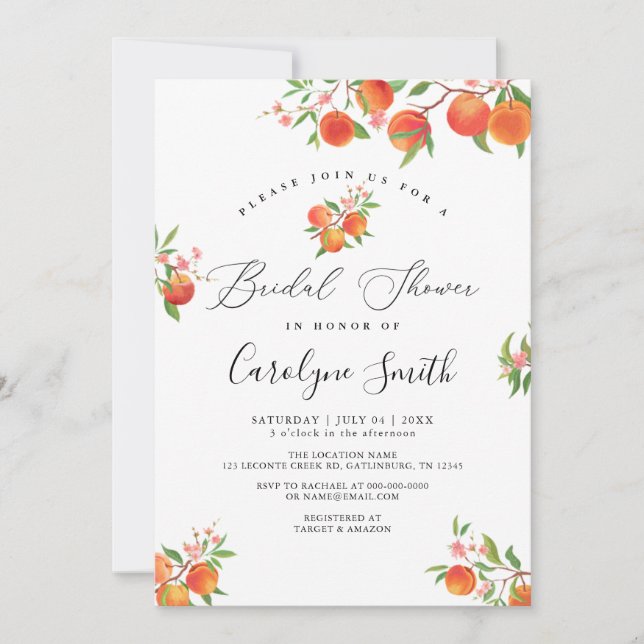 Watercolor Peaches Floral Bridal Shower Invitación (Anverso)