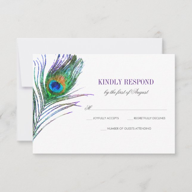 Watercolor Peacock Feather Wedding RSVP (Anverso)